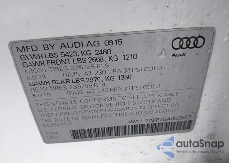 2016 Audi Q5 2.0T Premium z USA, uszkodzony, nr VIN WA1L2AFP7GA052659